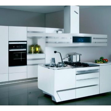 Кухня в стиле хай-тек K096 (Белая, вытяжка по центру)