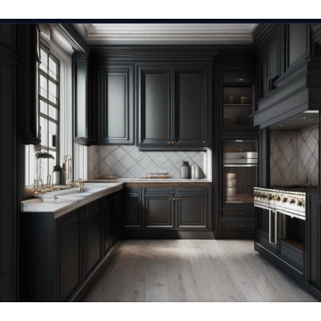 Кухня классическая КС0123 (Кремовый цвет, черный фартук)