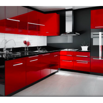 Кухня красного цвета глянцевая К621 (Черная столешница)